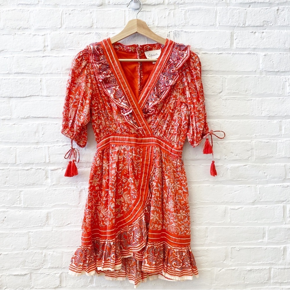 Cleobella Blair || Boho Ruffle Mini Dress Faux Wrap Block Print‎ Coral XS